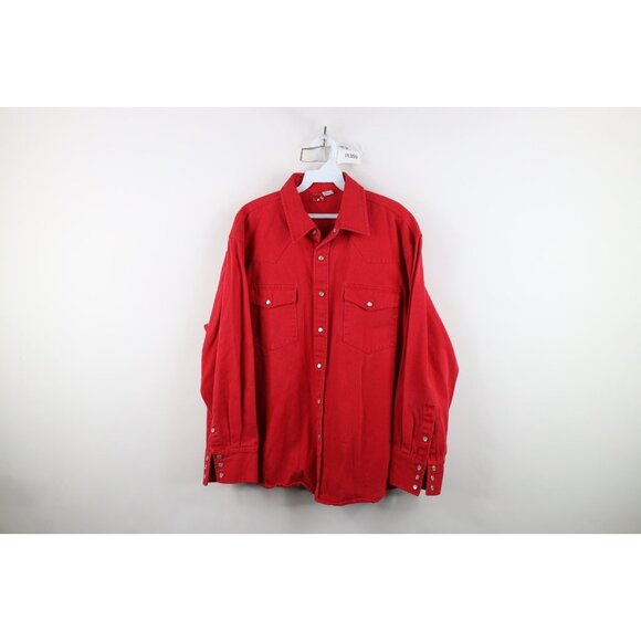 Vintage 90s Marlboro Man Mens Large Faded Heavy Western Cowboy Button Shirt Red - Picture 1 of 12